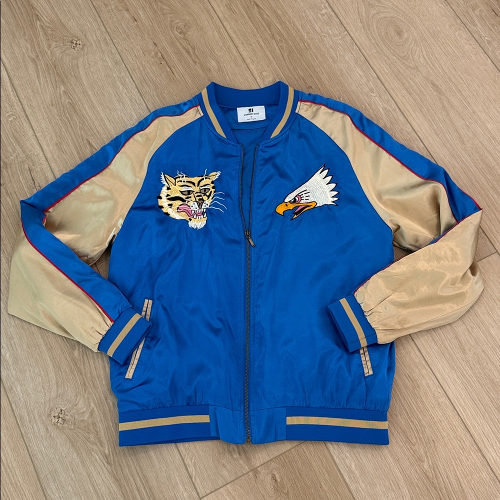 Blue and Gold Satin Bomber Jacket with Japan Embroidered Patches